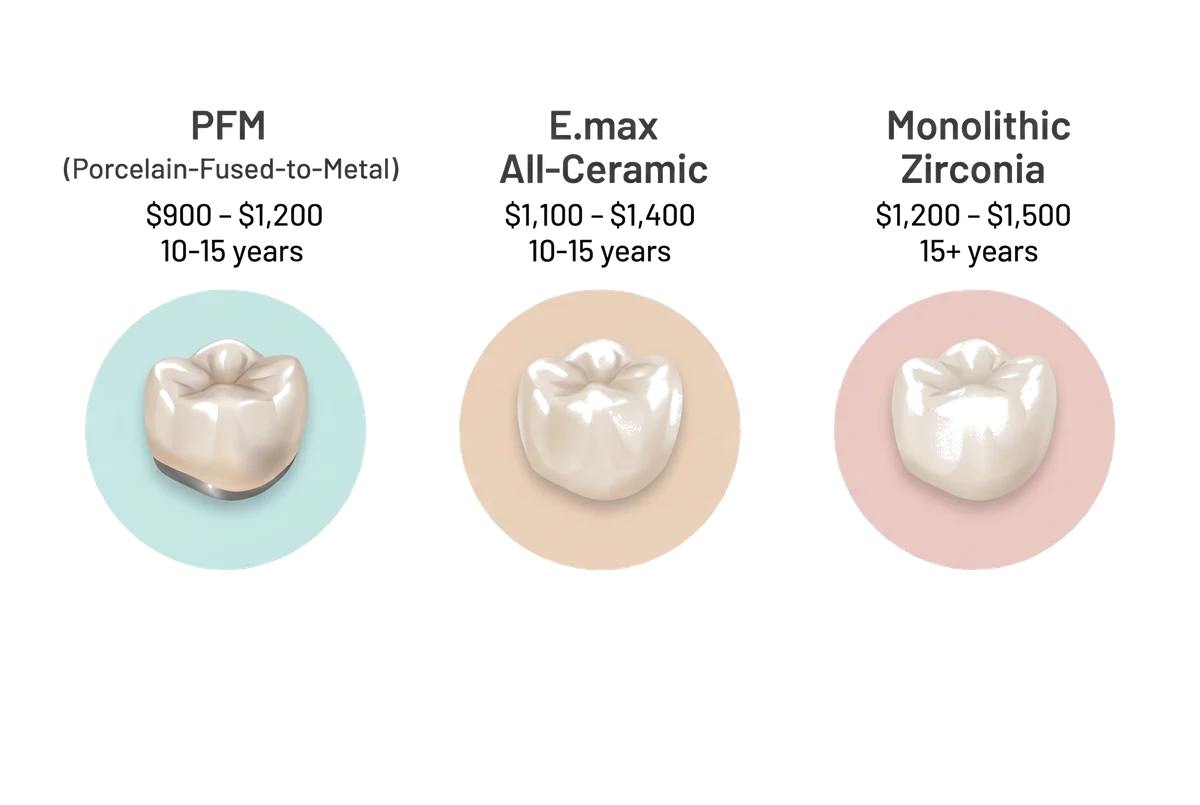 Dental crown cost in 2026 — visual comparison of 3 crown types in Quebec: PFM porcelain-fused-to-metal $900–$1,200, e.max all-ceramic $1,100–$1,400, monolithic zirconia $1,200–$1,500