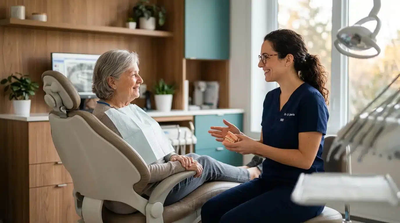 Expertise dentaire botox thérapeutique Dentiste expert en botox thérapeutique en consultation avec un patient — Centre dentaire Taschereau Brossard