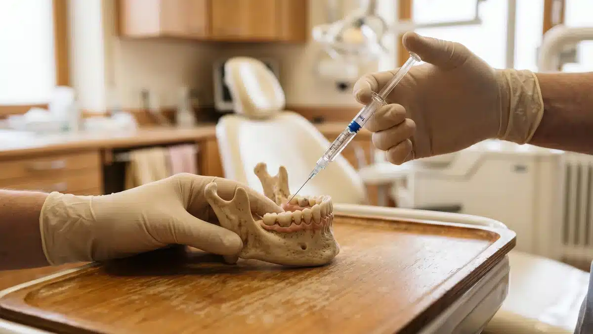 Mains gantées tenant une seringue fine près d'un modèle anatomique de mâchoire lors d'un traitement au Botox dentaire à Brossard