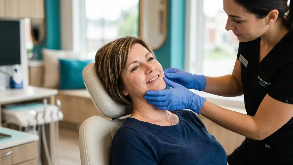 Botox thérapeutique dentiste Brossard Dentiste administrant une injection de botox thérapeutique à une patiente — Centre dentaire Taschereau Brossard